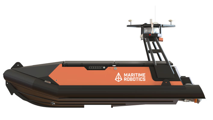 A side view render of the Mariner USV featuring orange panels.