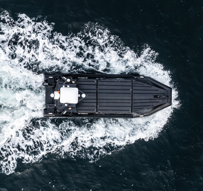 Top-down image of the Mariner USV from above, showcasing its rugged design and streamlined deck layout.