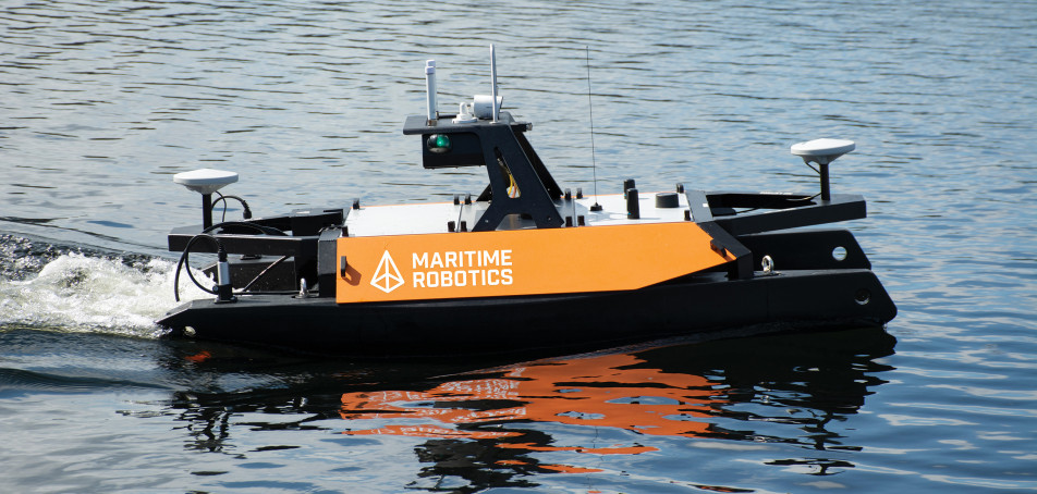 A close-up of the Otter USV revealing its operational functionality in the water.